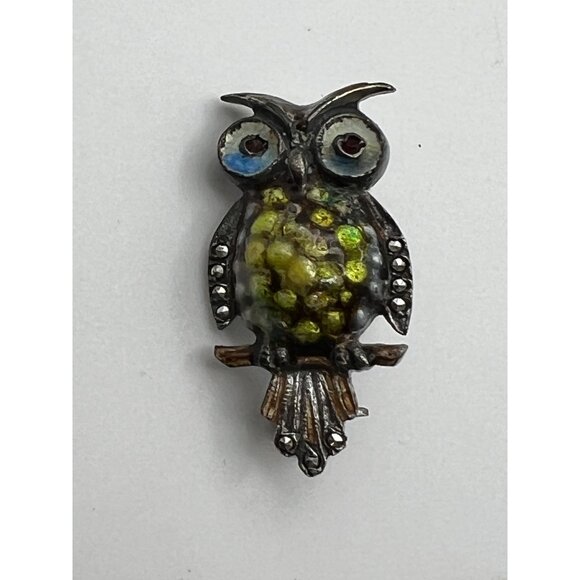 Alice Caviness Jewelry - Alice Caviness Brooch Sterling Guilloche Enamel Marcasite Owl Bird Pin Brooch